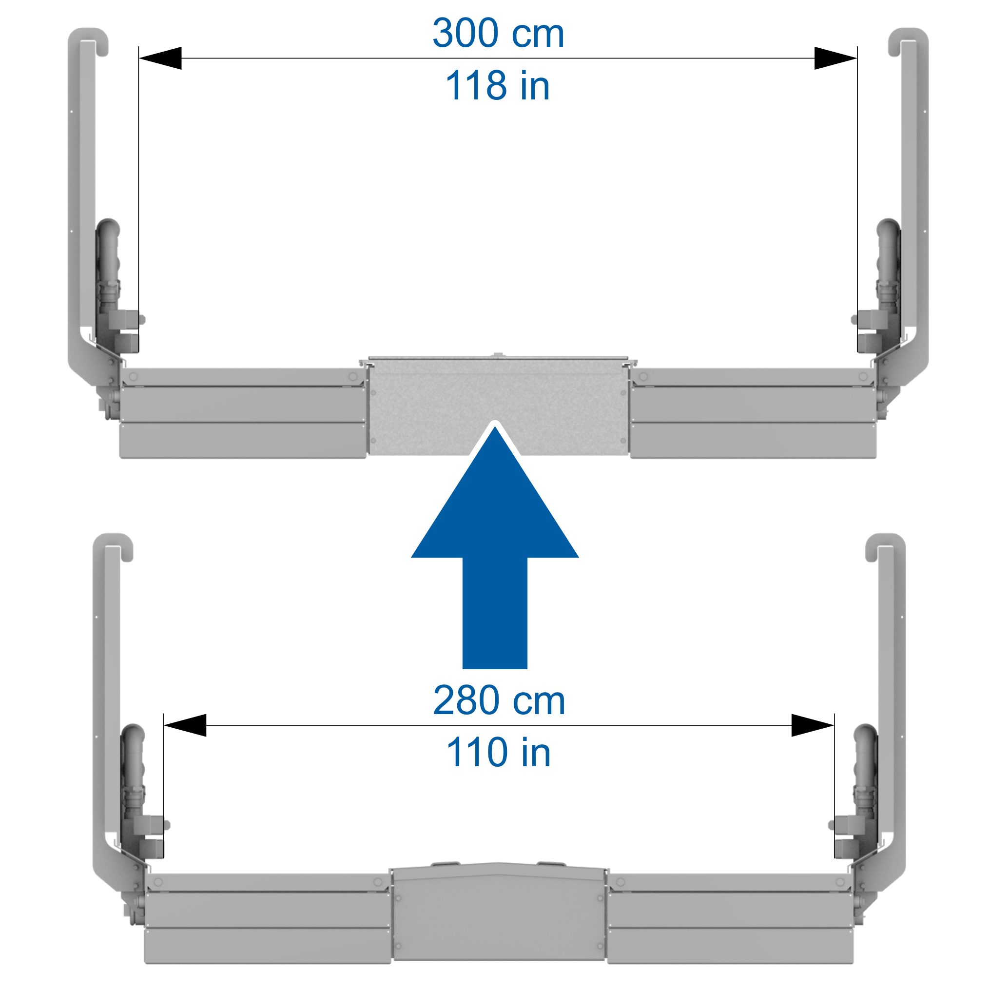 Increased drive through width (track) to 300 cm